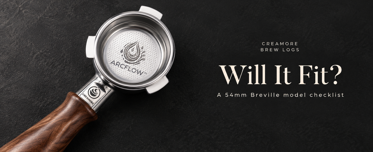 Top view of a Creamore 54mm three-ear portafilter and Arcflow basket on a charcoal background, titled Will It Fit?