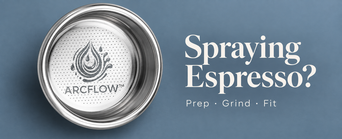 Close-up of a Creamore Arcflow espresso basket on a blue-gray background, titled Spraying Espresso? Prep, Grind, Fit.