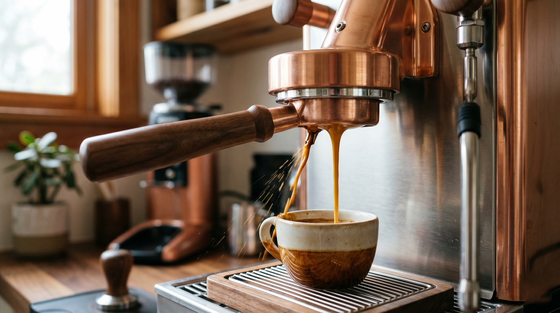 Espresso shot showing channeling with a thin fast stream next to a properly extracted shot in a portafilter
