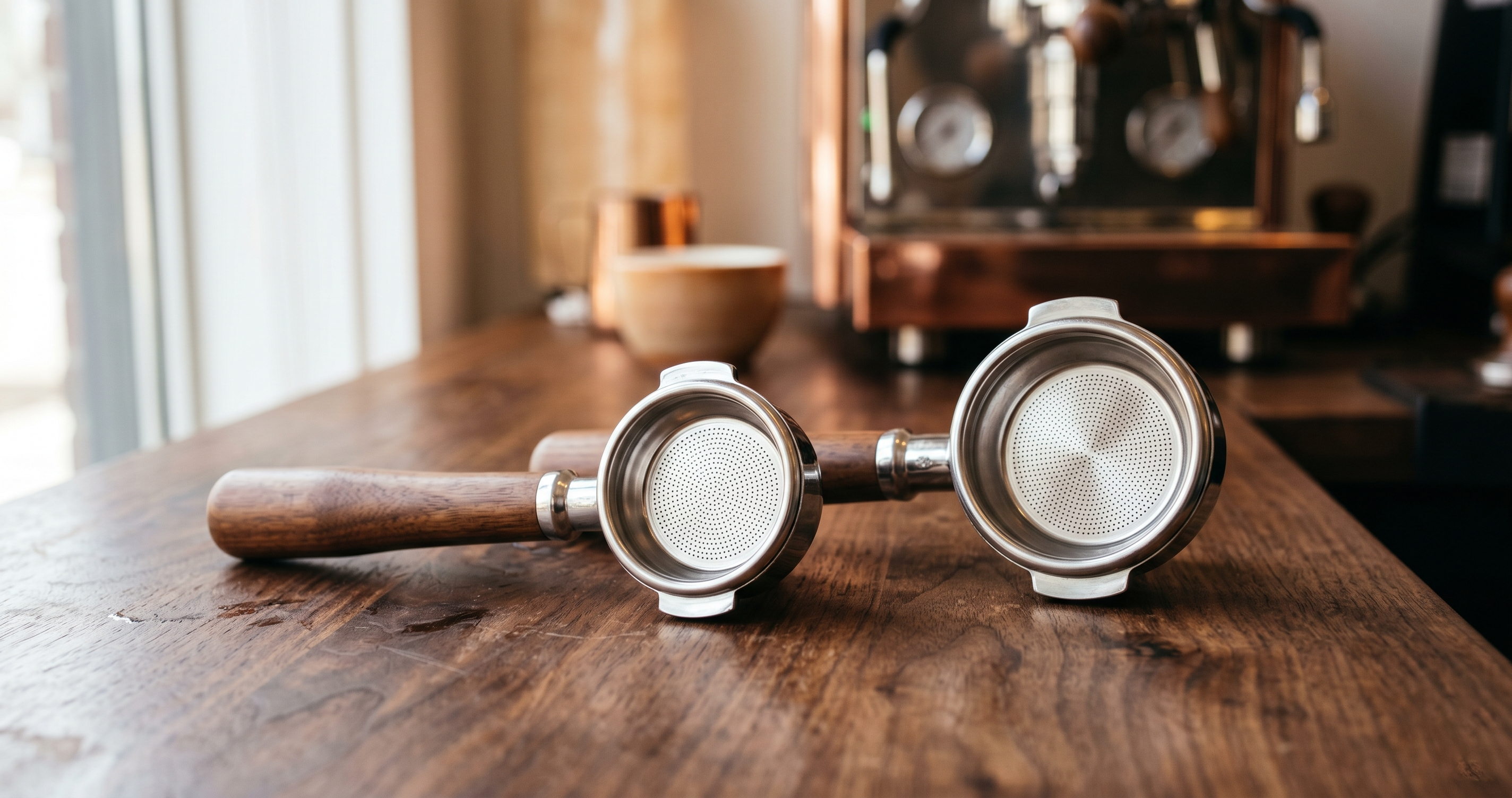 Two espresso portafilters, one 54mm and one 58mm, shown side by side on a wooden counter