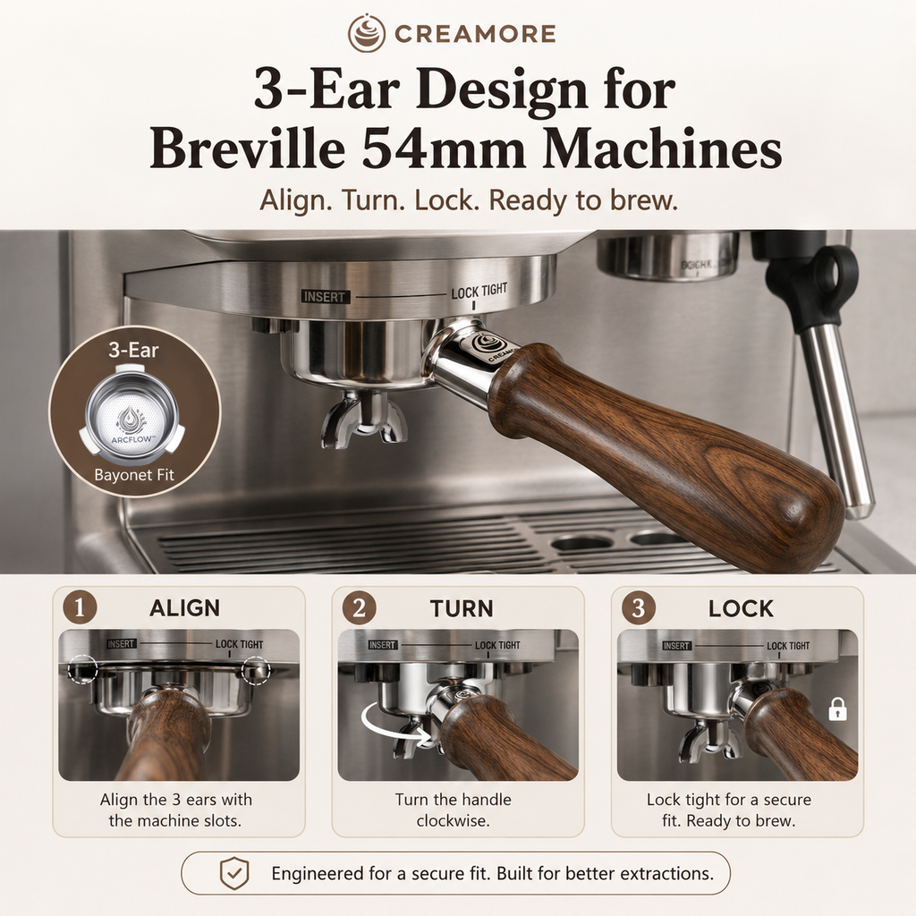 54mm Bottomless Portafilter for Breville Espresso Machines, Detachable Double Spout, 18g Arcflow Filter Basket, Walnut Handle