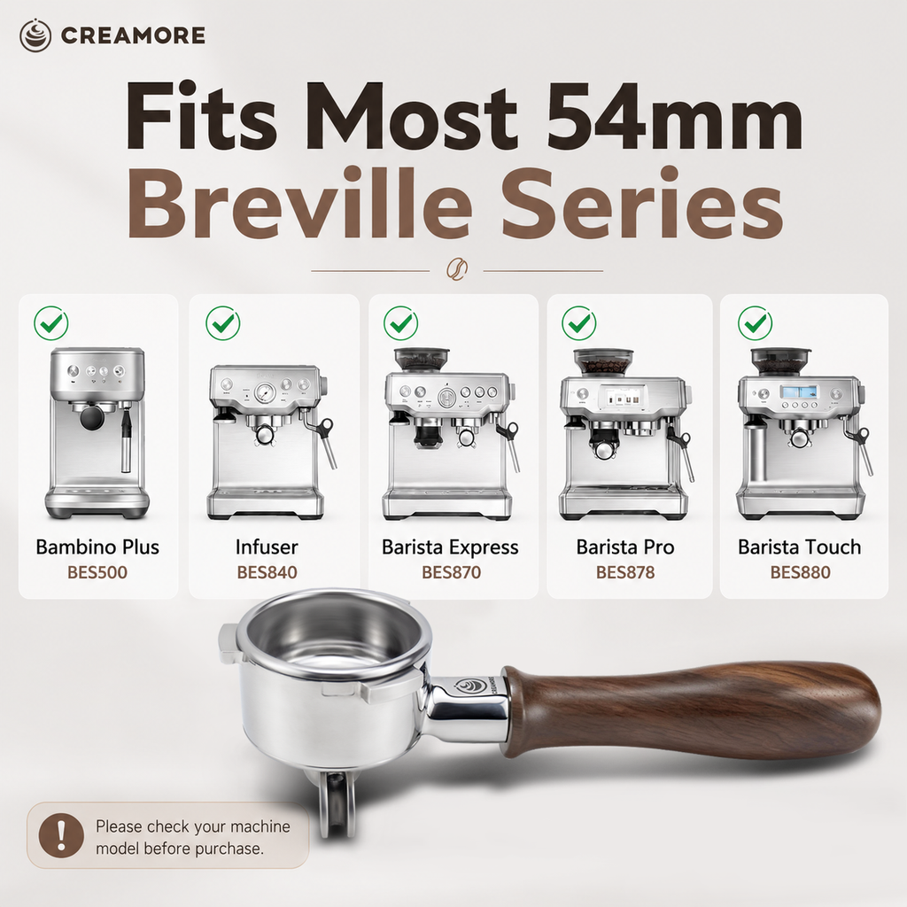 54mm Bottomless Portafilter for Breville Espresso Machines, Detachable Double Spout, 18g Arcflow Filter Basket, Walnut Handle
