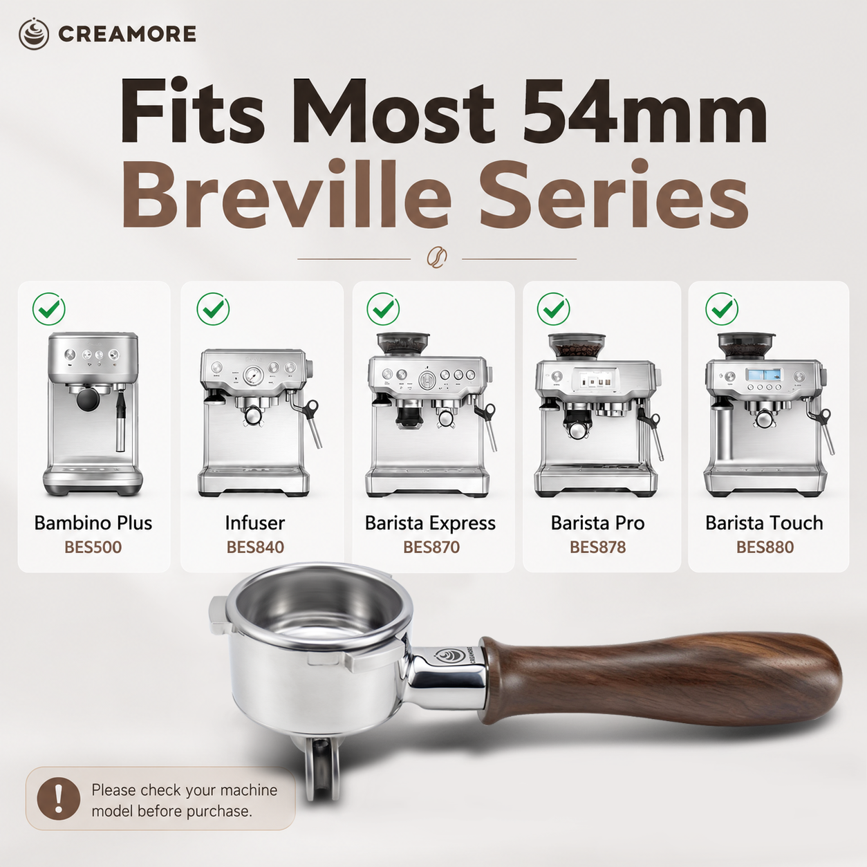 54mm Bottomless Portafilter for Breville Espresso Machines, Detachable Double Spout, 18g Arcflow Filter Basket, Walnut Handle