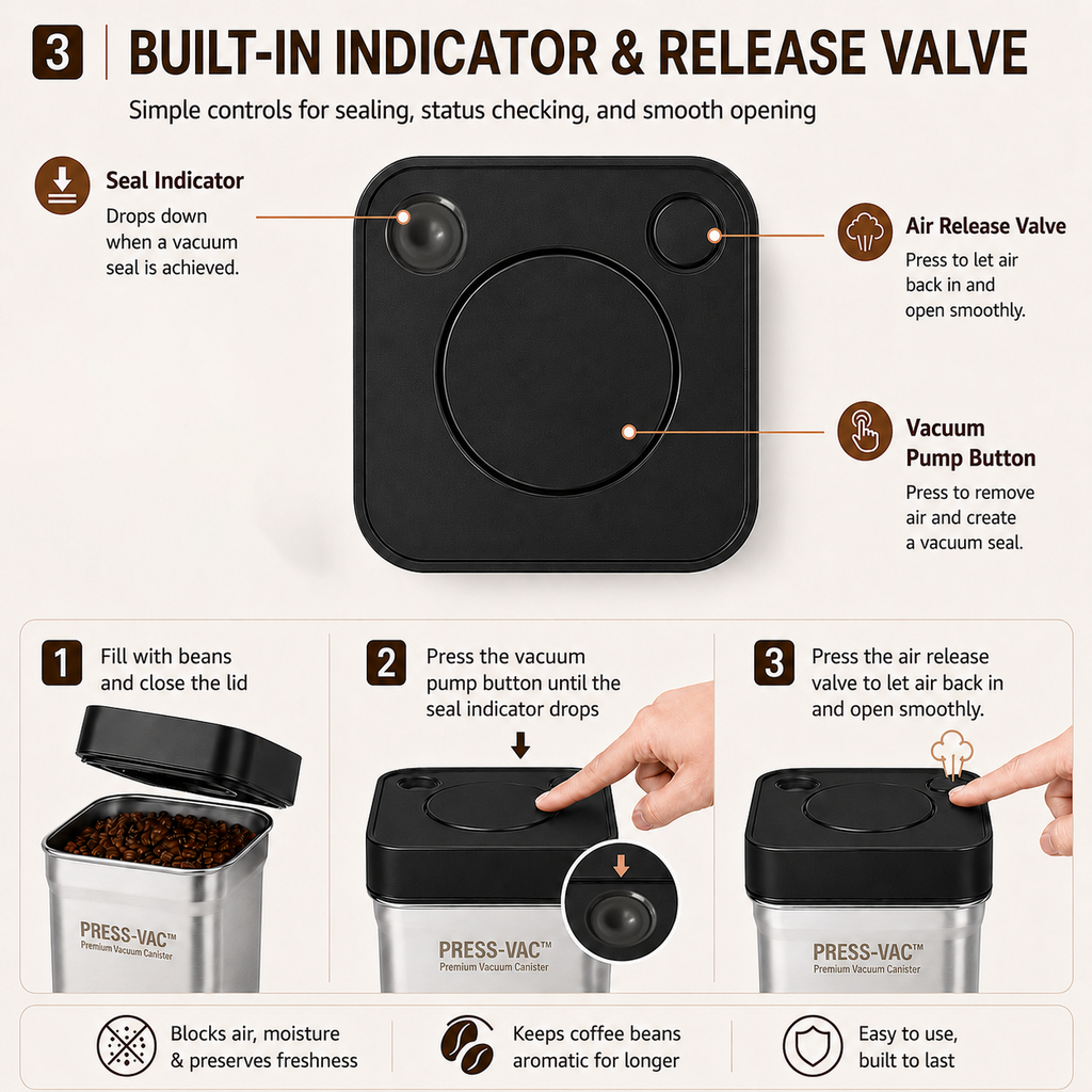 Creamore PRESS-VAC™ Stainless Steel Vacuum Coffee Canister