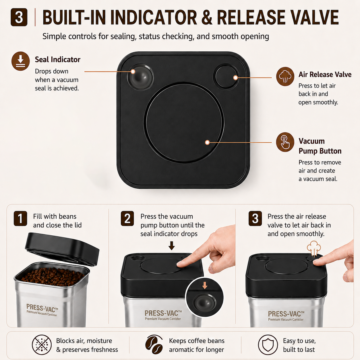 Creamore PRESS-VAC™ Stainless Steel Vacuum Coffee Canister