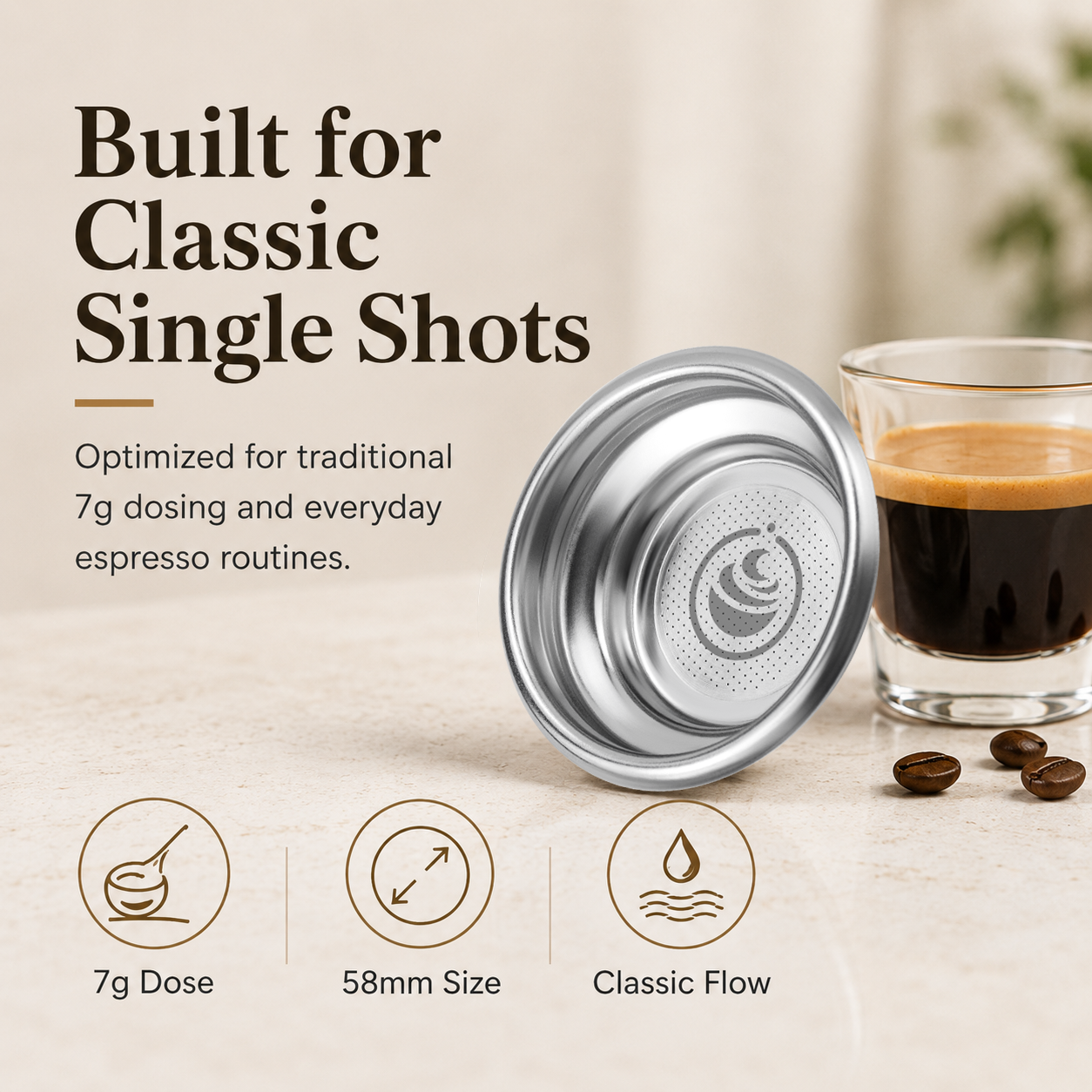 Creamore Performance Series™ 58mm Espresso Basket - 7g Basket for Balanced Classic Single Extractions