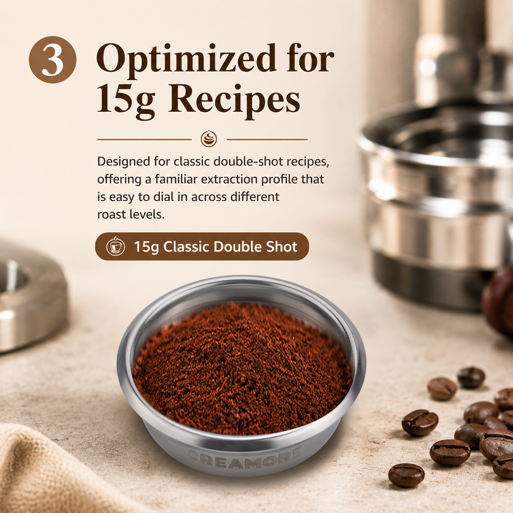 Creamore Performance Series™ 58mm Espresso Basket - 15g Basket for Balanced Classic Extractions