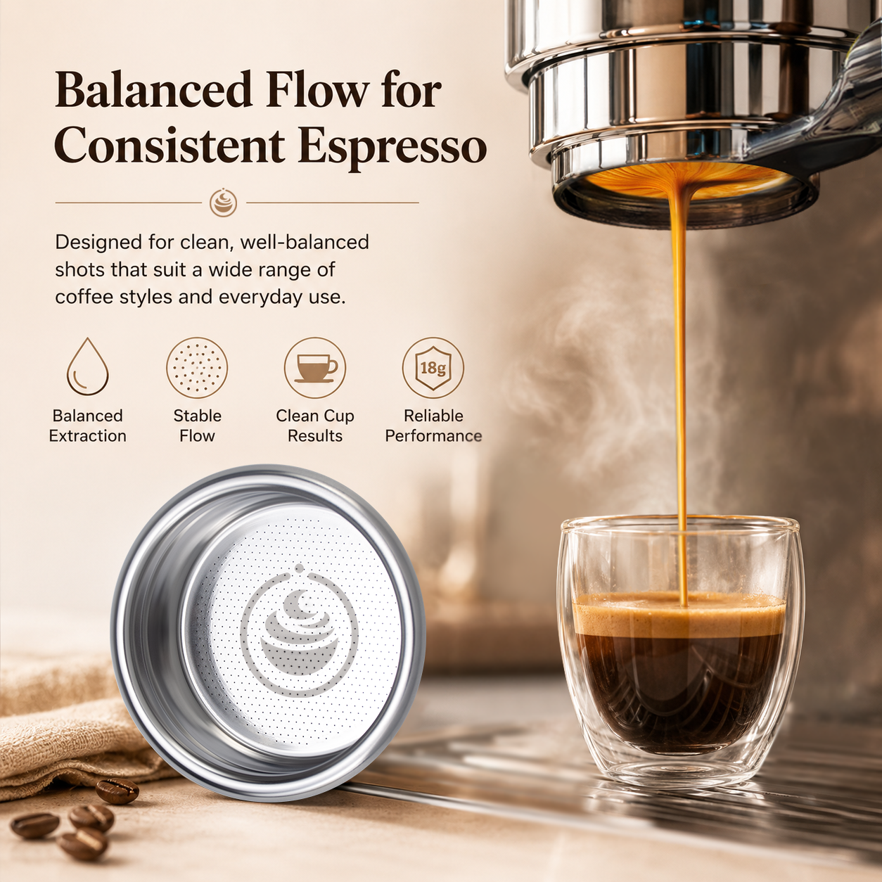 Creamore Performance Series™ 58mm Espresso Basket - 18g Basket for Balanced Daily Extractions