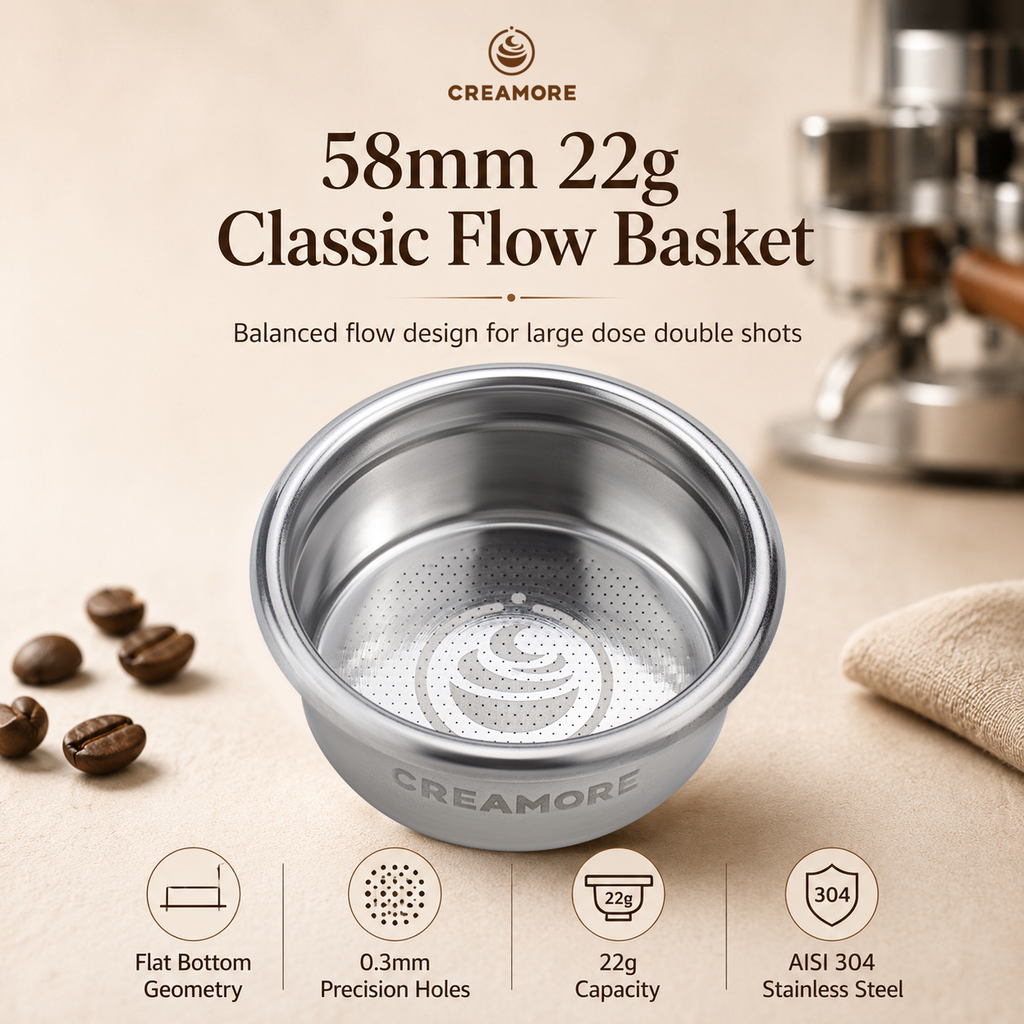Creamore Performance Series™ 58mm Espresso Basket - 22g Basket for Balanced High-Dose Extractions