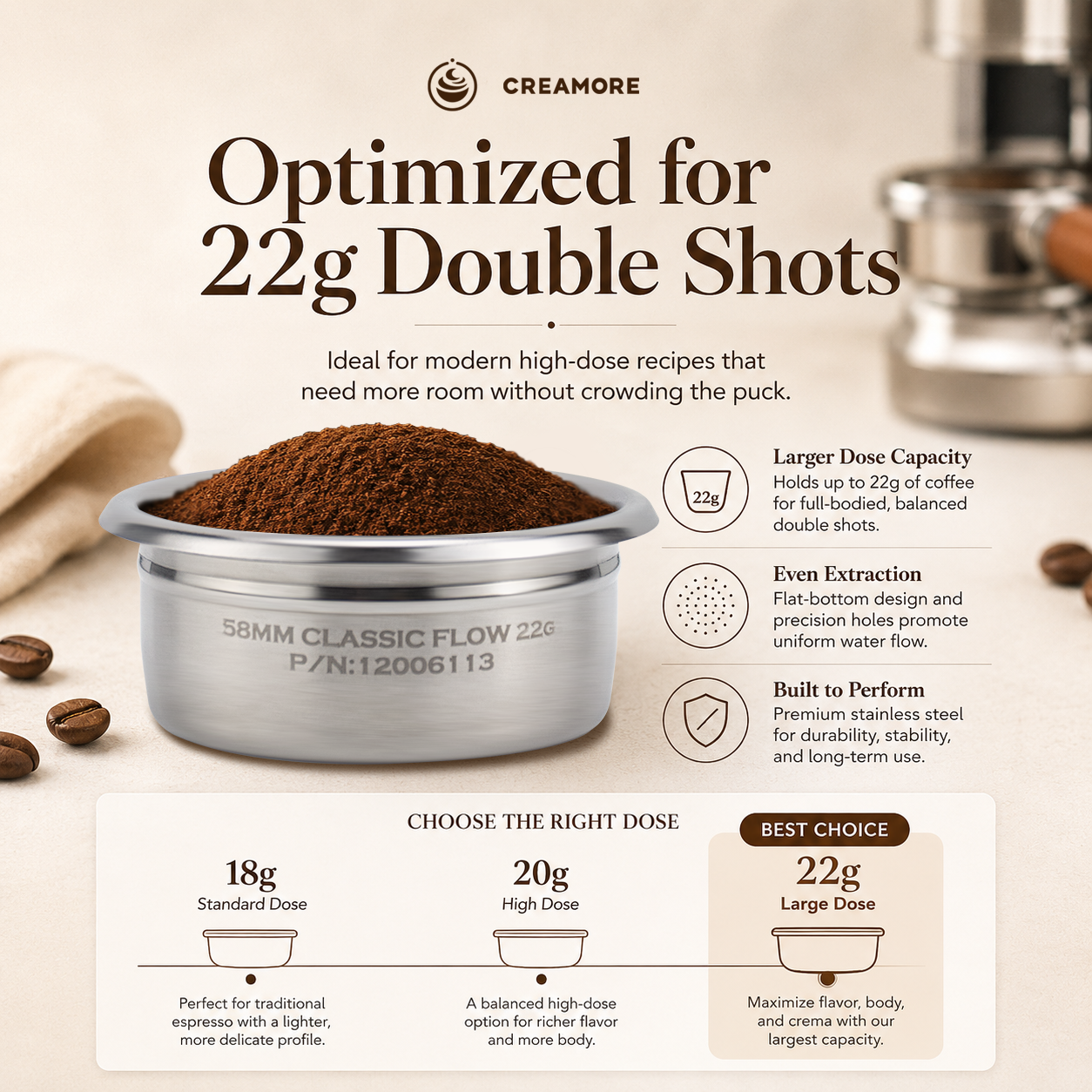 Creamore Performance Series™ 58mm Espresso Basket - 22g Basket for Balanced High-Dose Extractions