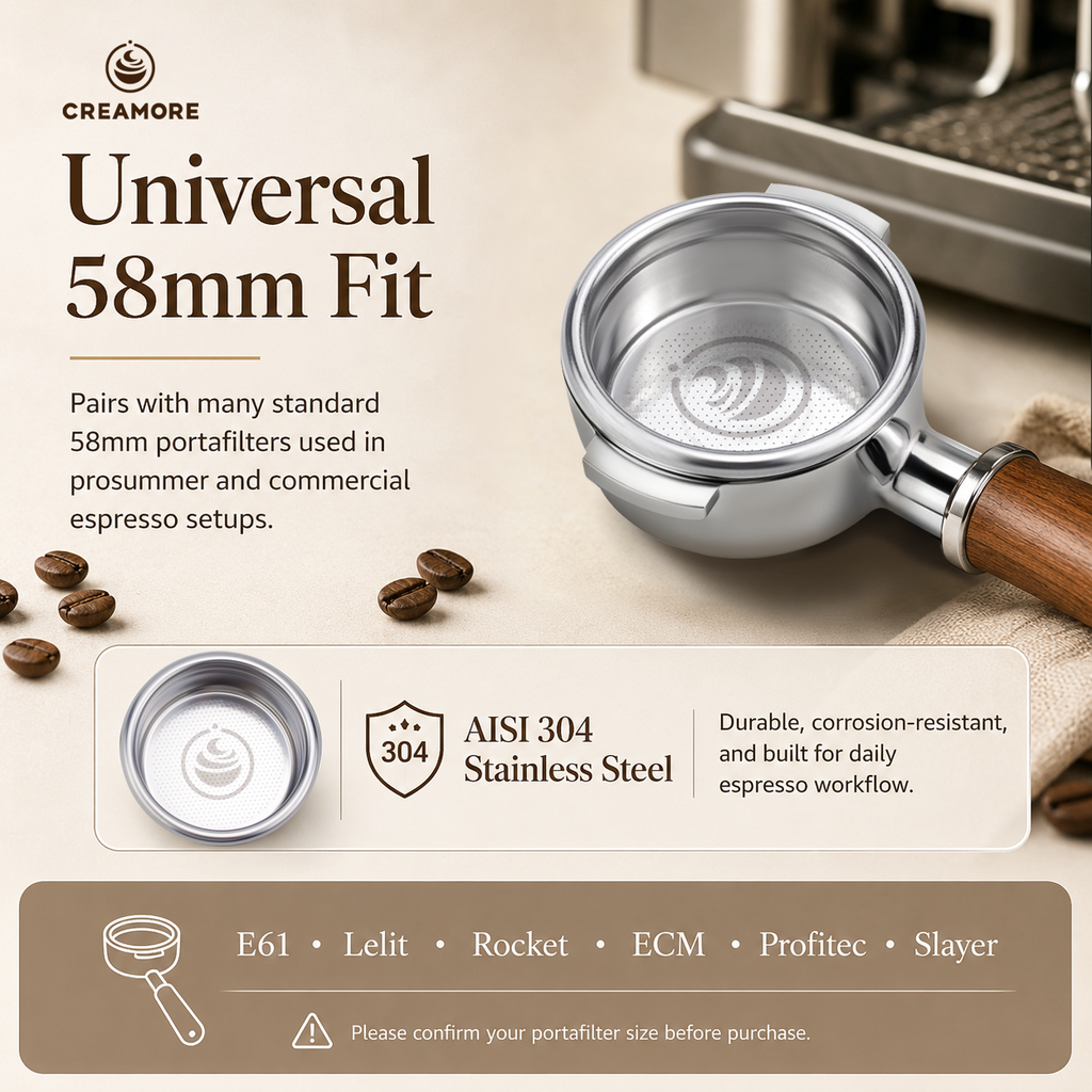 Creamore Performance Series™ 58mm Espresso Basket - 22g Basket for Balanced High-Dose Extractions