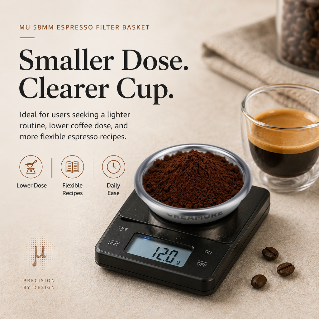 Creamore μ Series™ 58mm Espresso Basket - Ridgeless Basket for Low-Dose Espresso