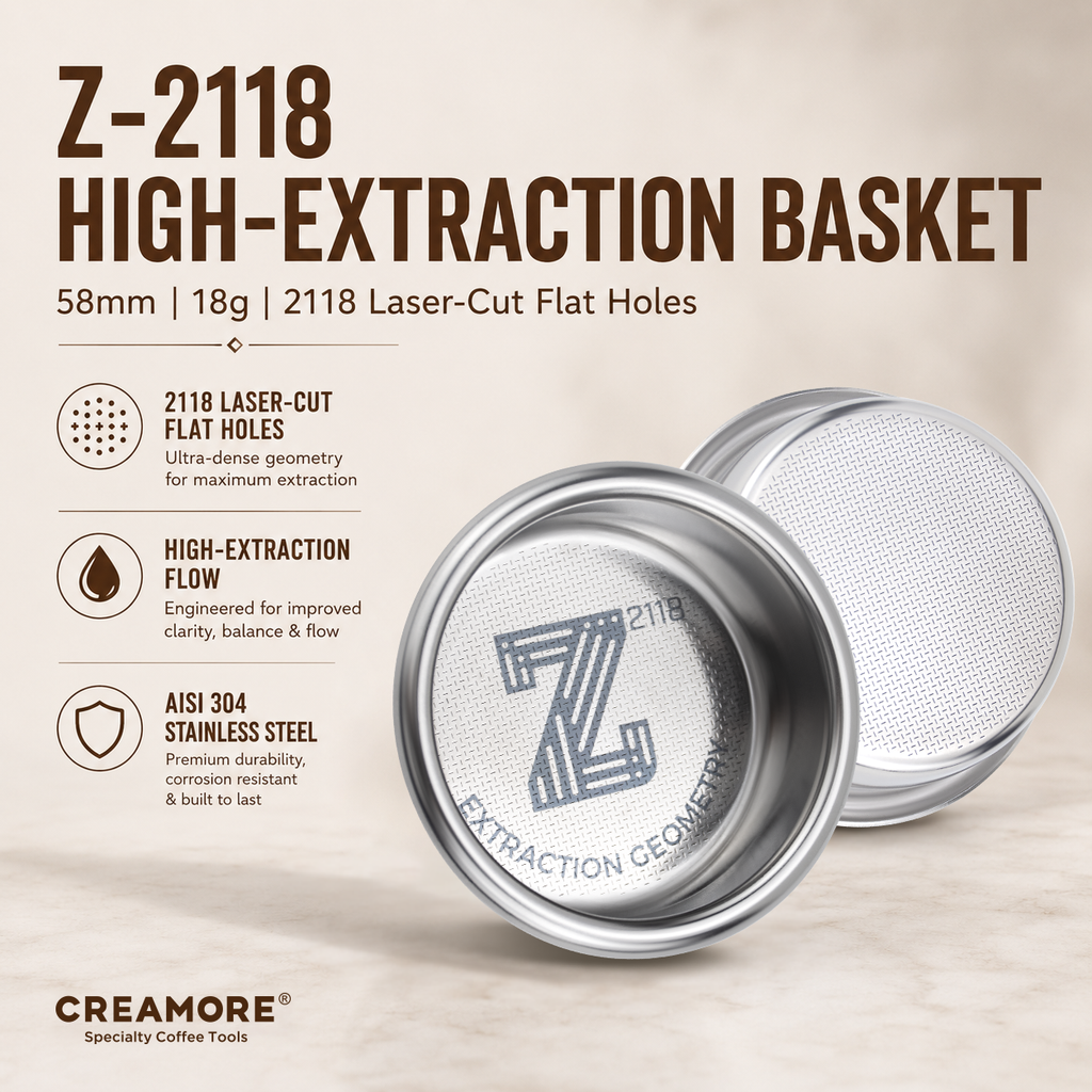 Creamore Z-2118 Series™ 58mm Espresso Basket - 18g Basket for High-Extraction Clarity