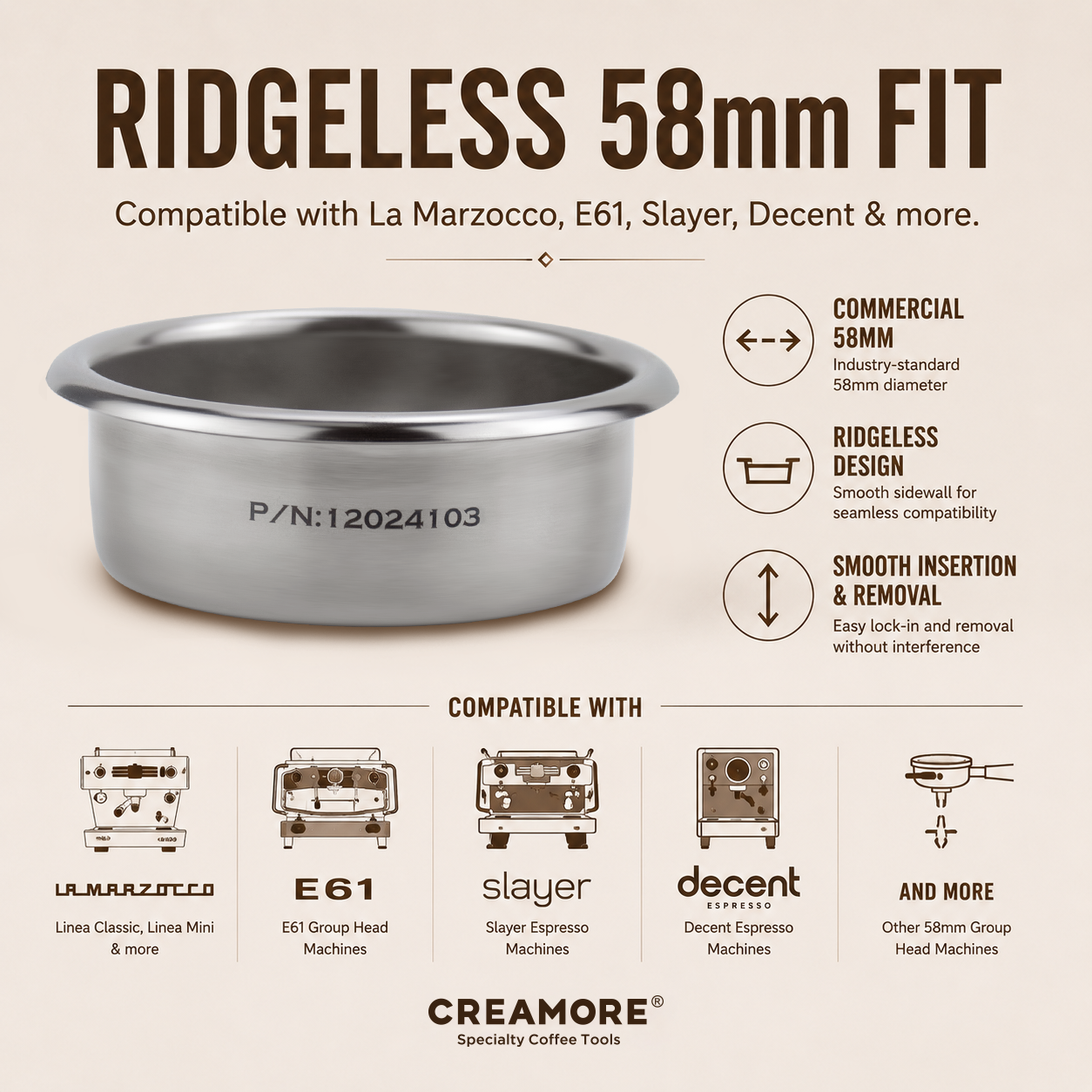 Creamore Z-2118 Series™ 58mm Espresso Basket - 18g Basket for High-Extraction Clarity