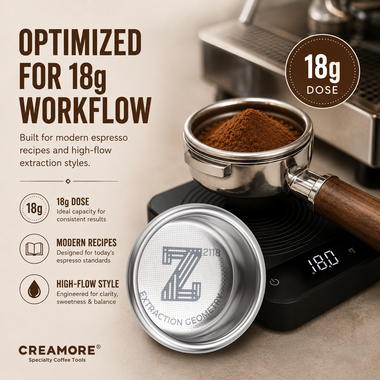 Creamore Z-2118 Series™ 58mm Espresso Basket - 18g Basket for High-Extraction Clarity