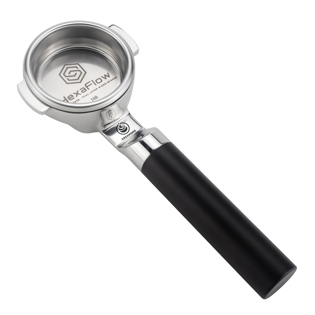 Creamore 58mm lay-flat bottomless portafilter with HexaFlow honeycomb basket