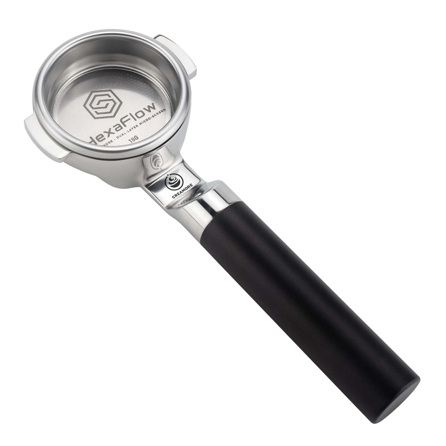 Creamore 58mm lay-flat bottomless portafilter with HexaFlow honeycomb basket
