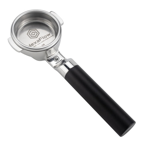 Creamore 58mm lay-flat bottomless portafilter with HexaFlow honeycomb basket