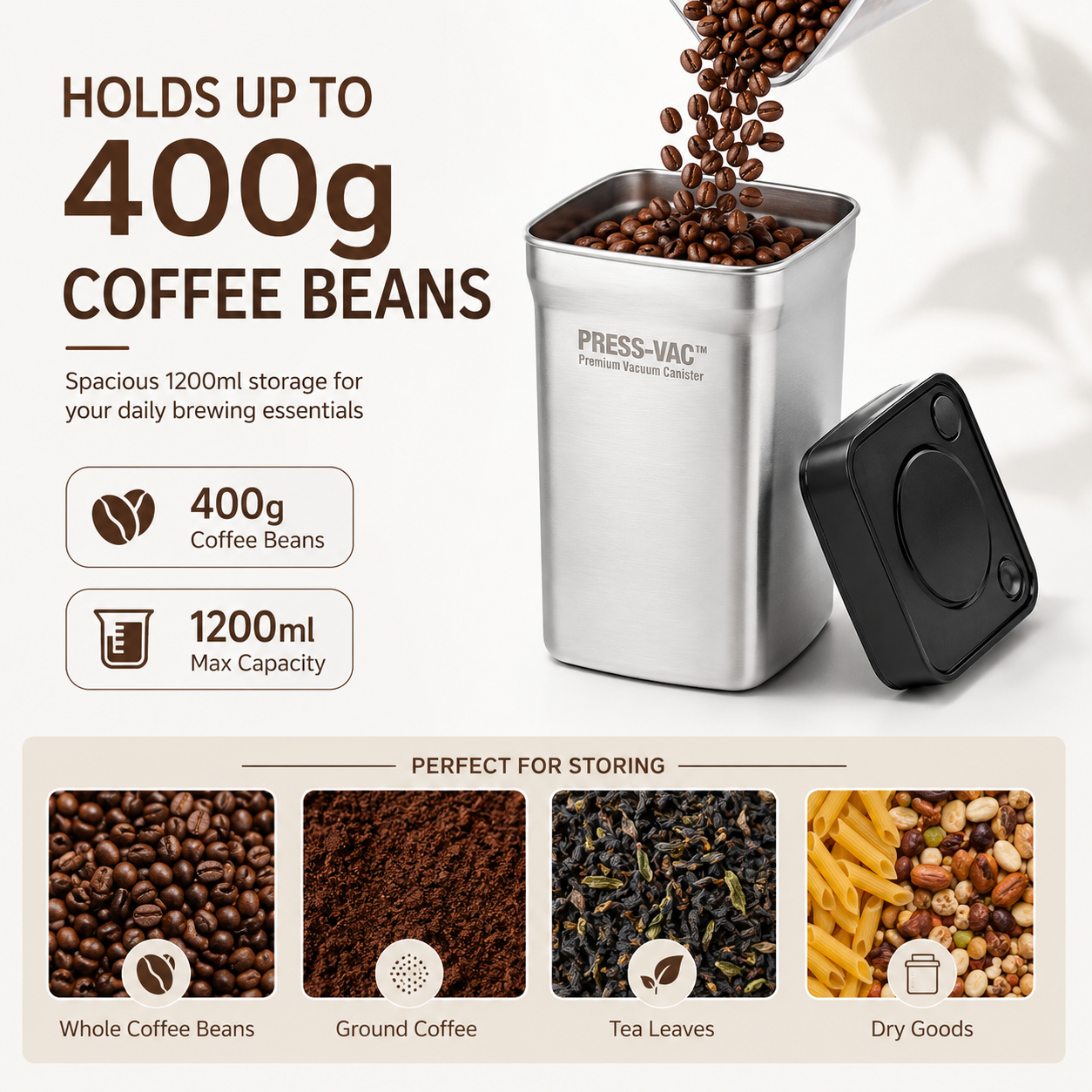 Creamore PRESS-VAC™ Stainless Steel Vacuum Coffee Canister