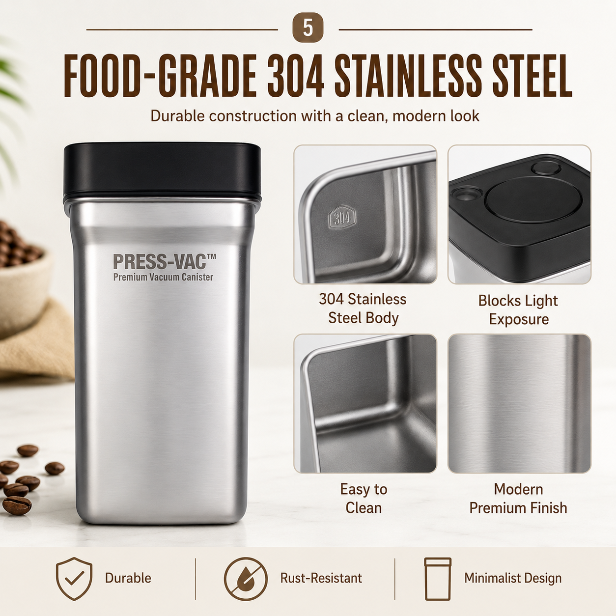 Creamore PRESS-VAC™ Stainless Steel Vacuum Coffee Canister