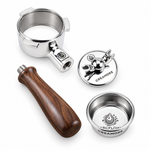 Creamore 54mm portafilter with detached walnut handle, double-spout attachment and Arcflow basket on white.