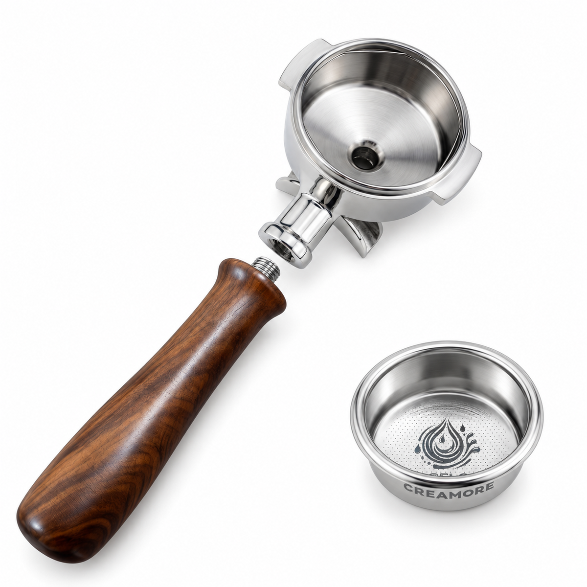 Creamore 58mm double-spout portafilter with detached walnut handle and Arcflow basket on white.