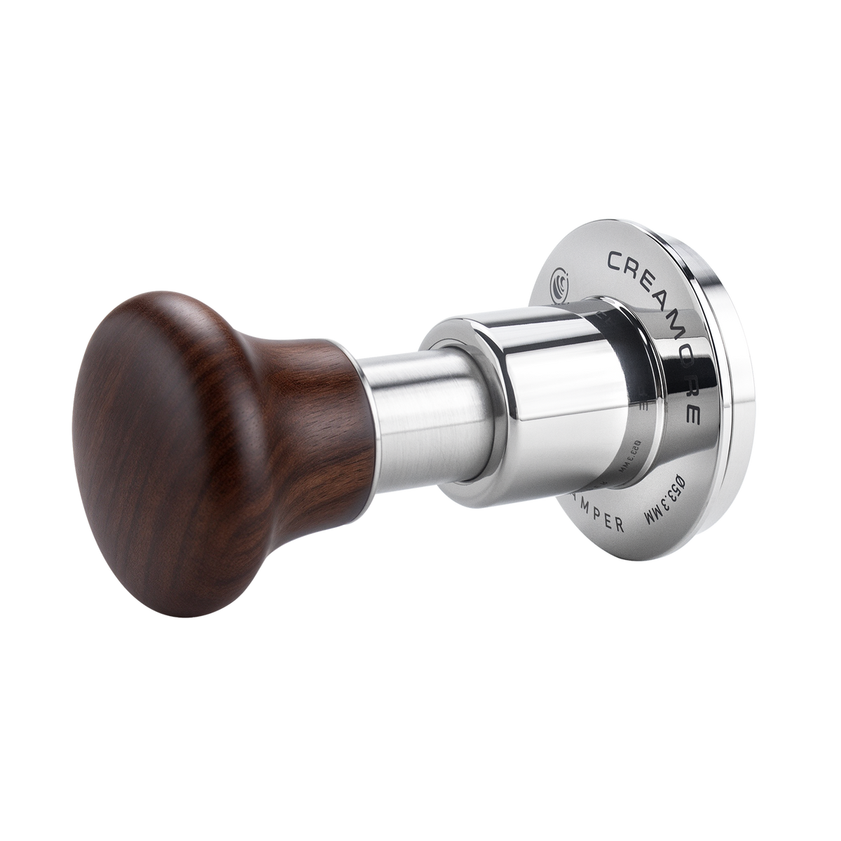Creamore PULSE PRESS 53.3mm tamper, side view with walnut handle and leveling collar.