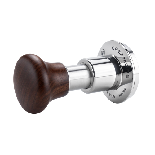 Creamore PULSE PRESS 53.3mm tamper, side view with walnut handle and leveling collar.