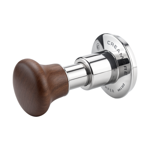 Creamore PULSE PRESS 58.5mm tamper, side view with walnut handle and leveling collar.